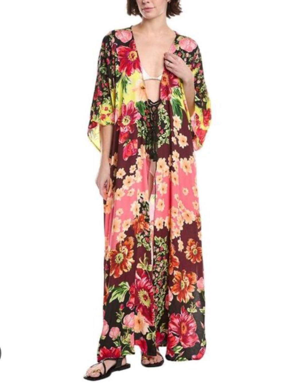 Agua Bendita Sz O/S Selma tunic swimsuit cover-up floral print lace-up Vacation